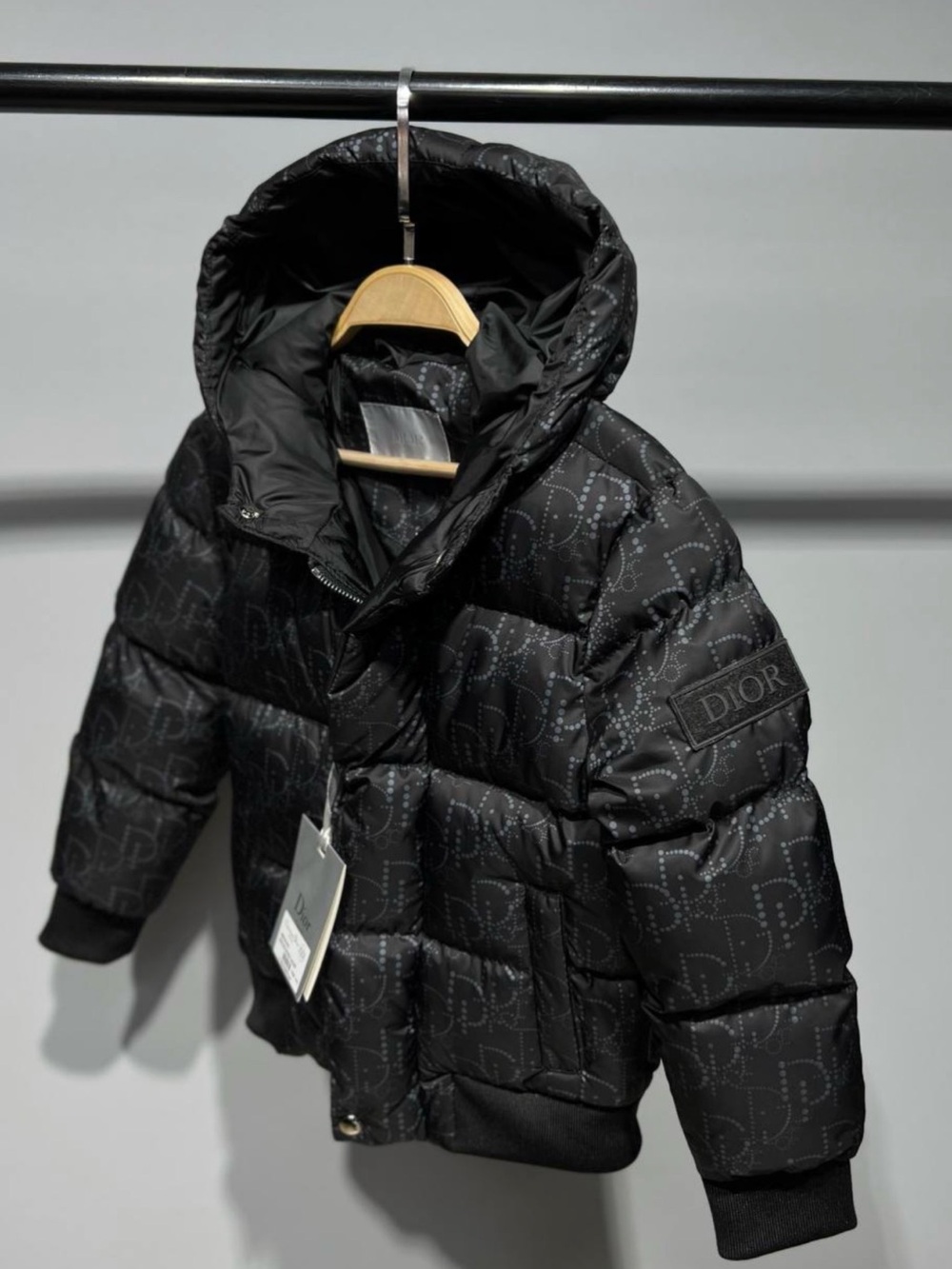 Dior Kids Black Monogram Quilted Puffer Jacket with Hood